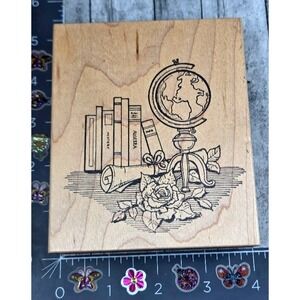 Northwoods Globe Books Rose Rubber Stamp Wood #H19
